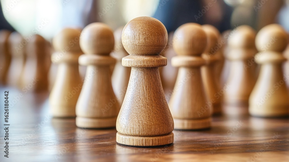Poster wooden game pieces on table with selective focus and depth of field