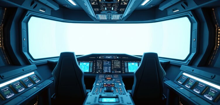 Futuristic spaceship cockpit interior featuring rows of blank holographic displays, glowing control panels. Advanced technology interface offers glimpse into space exploration, future transport