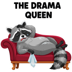 Dramatic raccoon on red couch with text The Drama Queen