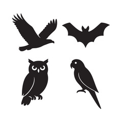 Black Silhouette Vector Icons of Flying Animals Featuring Eagle in Flight, Bat with Spread Wings, Perched Owl, and Parrot Side View in Bold Shapes on White Background