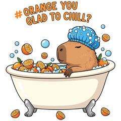 Capybara in bathtub with oranges vector illustration humorous poster