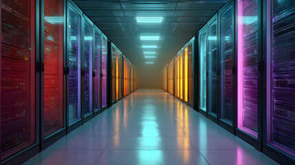 Fototapeta premium Server racks with integrated power management systems, nextgen data center theme, front view, demonstrating innovative energy distribution, futuristic tone, triadic color scheme