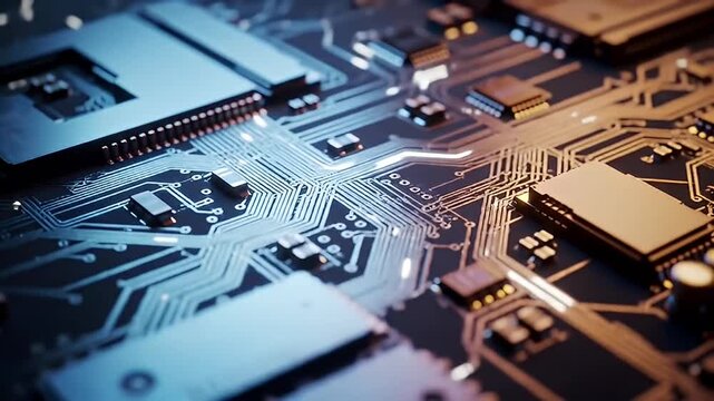 Close-up shot of a complex printed circuit board with integrated electronic components