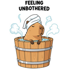 Relaxed capybara in hot tub vector illustration with text Feeling Unbothered