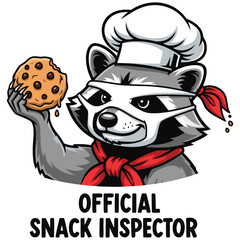 Raccoon Chef Holding Cookie Vector Illustration, Humorous Snack Inspector Design