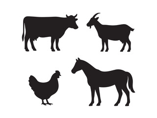 Farm Animal Silhouettes in Solid Black Vector