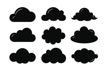 Collection of nine stylized black cloud icons, each with a unique shape and outline, set against a clean white background, perfect for weatherrelated designs and digital illustrations