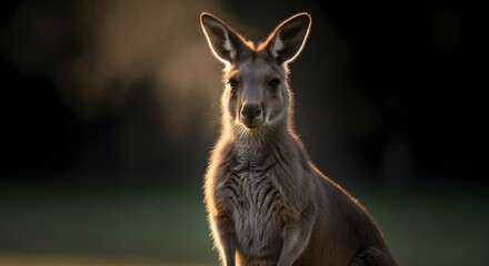 Fototapeta premium An iconic Australian kangaroo is beautifully backlit by the warm, golden light of sunrise, creating a majestic rim light effect.