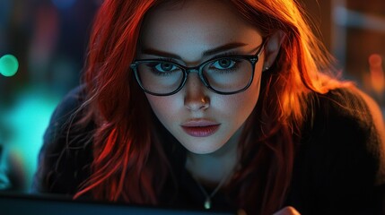 Focused young woman with glasses