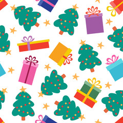 Christmas trees and gifts on white background, winter vector illustration. Holiday seamless pattern. Ornament for gift wrapping paper, fabric, clothes, textile, surface textures, scrapbook.