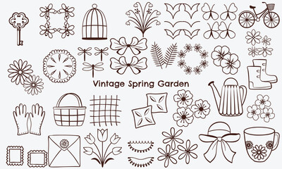 Fototapeta premium Vintage spring garden illustration featuring various elements like flowers, butterflies, and gardening tools in charming, nostalgic style. Perfect for seasonal designs