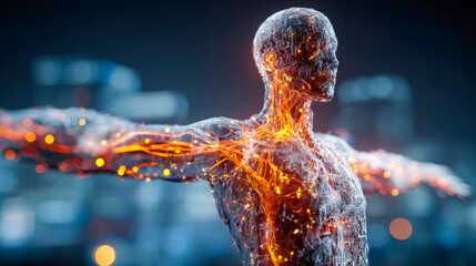 Futuristic digital human figure with illuminated neural network design and extended arms, symbolizing technology and human-machine integration