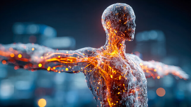 Futuristic digital human figure with illuminated neural network design and extended arms, symbolizing technology and human-machine integration