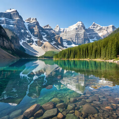 A still alpine lake reflecting dramatic snow-covered mountain peaks and a clear blue sky, with vibrant green forest lining the shore. 