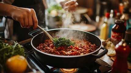 Obraz premium Steaming Dark Red Meat Sauce Cooking in Black Pan