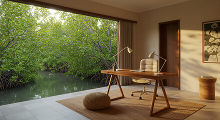 Naklejka premium Modern workspace with lush greenery view and natural light