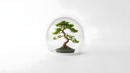 A serene bonsai tree gracefully housed within a glass enclosure, exuding tranquility