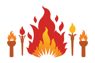 Collection of torches with flames and a large central fire, isolated on white background