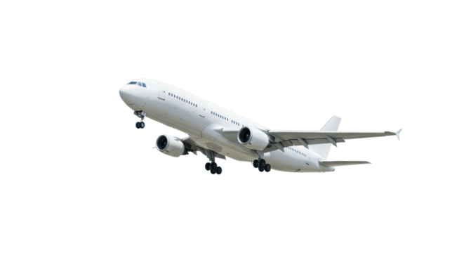 Pristine unbranded white wide-body passenger jet in mid-flight, low-angle, high-key diffused light, against a minimalist blue sky with copy space. Concept of global travel and logistics