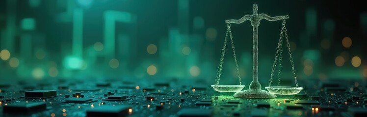 Digital scales of justice concept with circuit board elements. Legal technology, AI in law, modern regulatory systems. Highlights fairness, equity, transparency in computerized judicial processes.