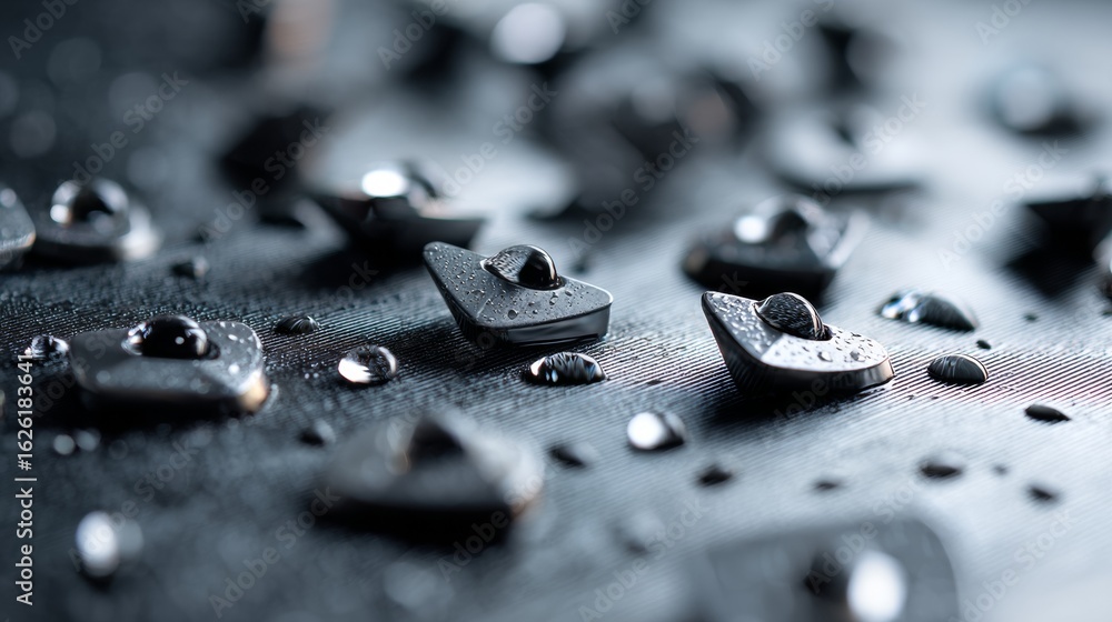 Poster closeup of black wet surface with water droplets creating texture and abstract dark background