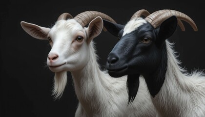 Obraz premium Side-by-side black and white goats against a dark background