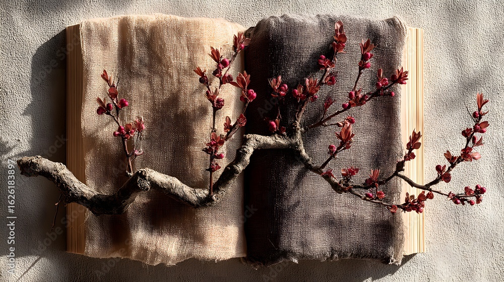 Poster a delicate branch with blossoms resting on a display of two colored fabrics.