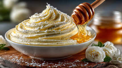 Honey being drizzled over a bowl of cream cheese frosting. A sweet dessert topping for bakery and confectionary application.