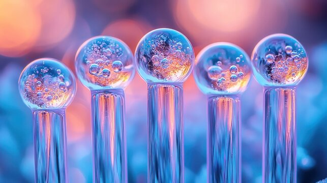 Five glass orbs, glowing, on transparent stems