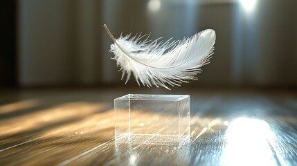 Floating white feather in clear box on wooden floor