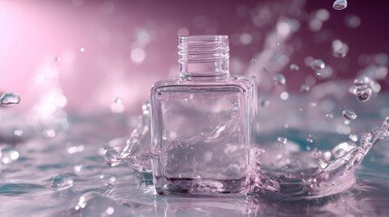 Transparent perfume bottle surrounded by water splash on pink background in luxury product photography