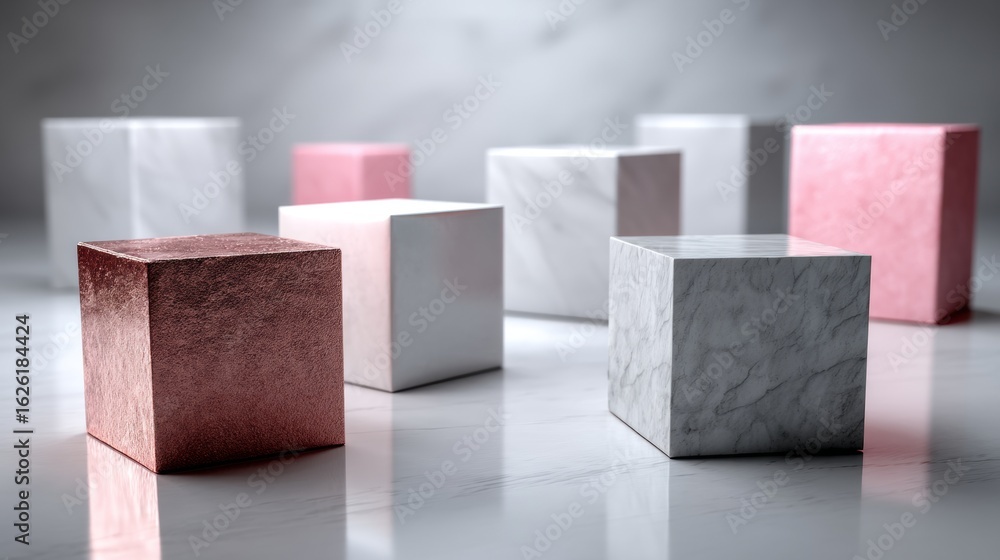 Poster textured colored cubes on reflective surface with soft light in minimal abstract product composition