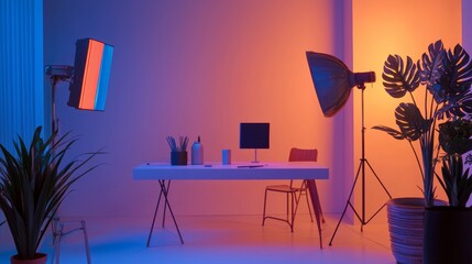 Modern home office desk with computers and photography lights in blue purple neon lighting scene