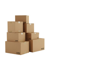 Obraz premium Five pristine, unbranded brown cardboard boxes, varied sizes, stacked on transparent seamless studio background, copy space, concept of e-commerce logistics