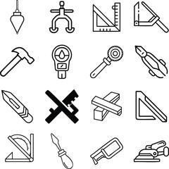 Fototapeta premium Vector art of collection of carpentry tools icons isolated on white background includes plumb bob, clamp, square, bevel, gauge, level, divider, knife, cross, beam, protractor and screwdriver