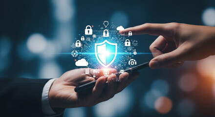 Person interacting with a glowing shield symbol representing data protection and network security