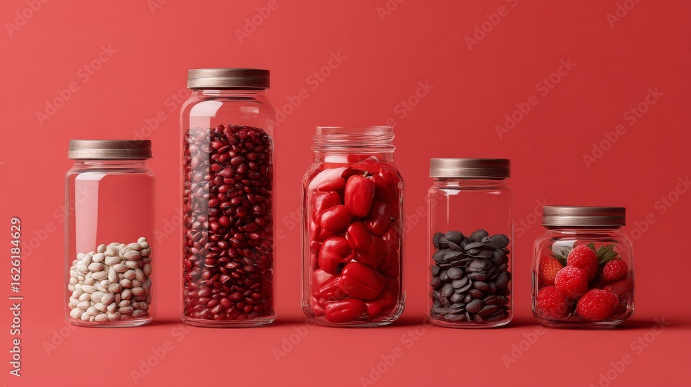 Poster glass spice jars filled with beans and grains on red background for culinary ingredient display setu