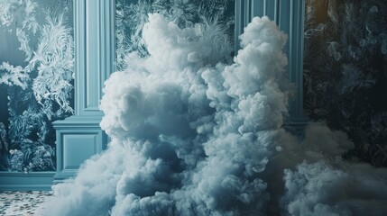 Dreamy classical room interior filled with clouds for surreal fantasy scene in ethereal photography composition