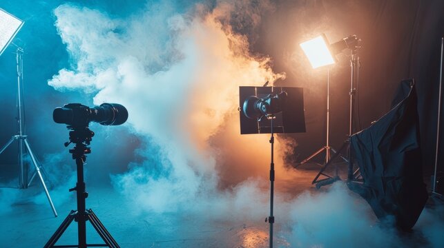 Film set with blue orange smoke lights and camera equipment in cinematic photography studio production scene