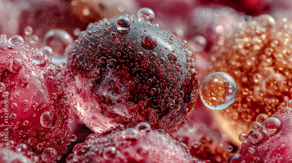 Poster macro shot of a red berry with sparkling water bubbles on its surface. abstract background for scien