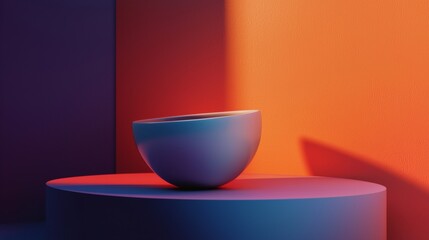 Minimal composition of bowl on orange background with blue surface and dramatic shadow for color design