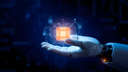 A robotic hand holds a glowing circuit board, symbolizing technology and innovation