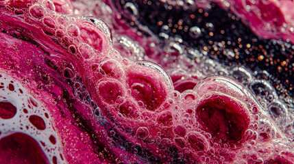 Abstract crimson and white liquid with glittering bubbles. Macro view of chemical reaction. Scientific experiment or artistic background.