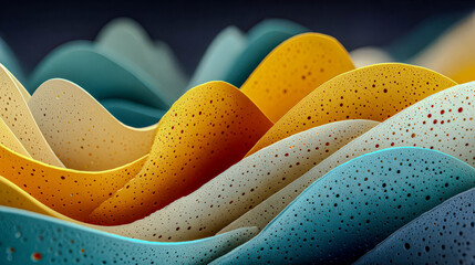 Layered colorful abstract waves with holes creating a dynamic three dimensional pattern. Modern flowing ripple background for design.