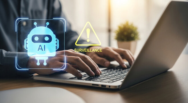 Person typing on a laptop with an ai robot graphic overlay - Powered by Adobe