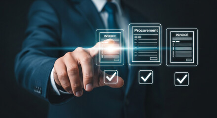 Businessman interacting with a futuristic financial data interface showing performance metrics