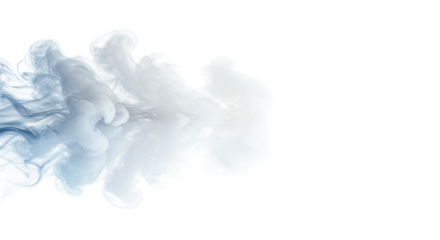 Diffused white, light grey, and blue smoke softly swirling against a bright, plain white studio background with copy space, concept of digital elegance and innovation