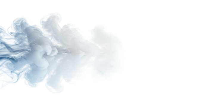 Diffused white, light grey, and blue smoke softly swirling against a bright, plain white studio background with copy space, concept of digital elegance and innovation
