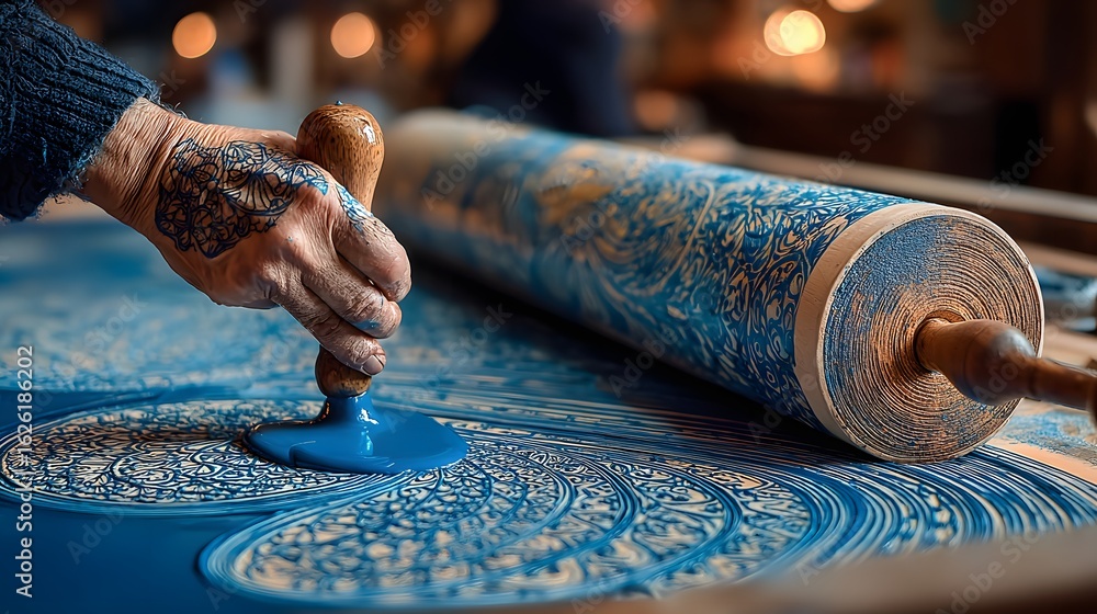 Poster close-up of a hand applying intricate patterns to fabric using a roller.
