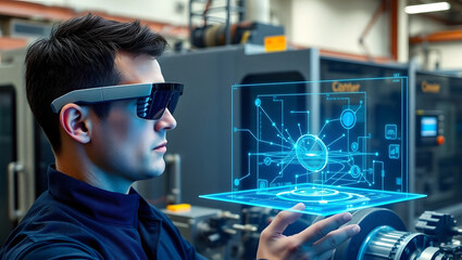 A man using augmented reality glasses to examine machine parts in a factory, demonstrating technology and innovation